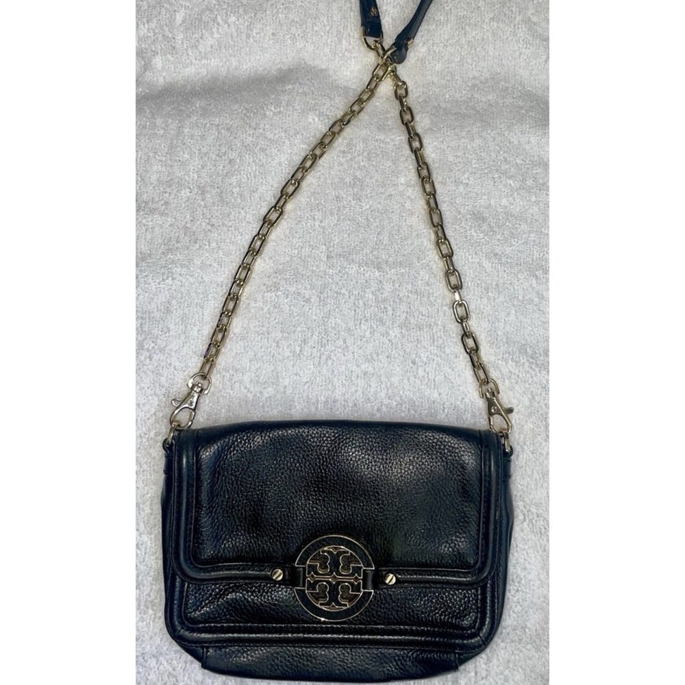 Tory Burch Leather Crossbody Handbag  Purse Shoulder Bag Black With Gold Chain